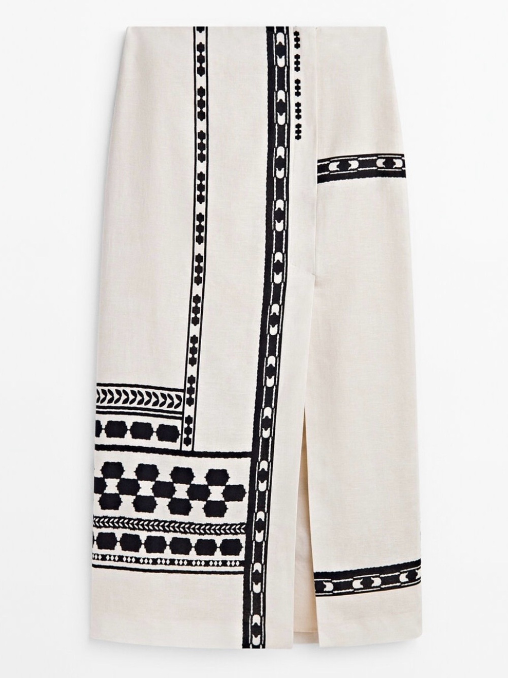 Massimo Dutti Geo Border Linen Midi Skirt Cream Black Size 8 Paneled Wrap Style